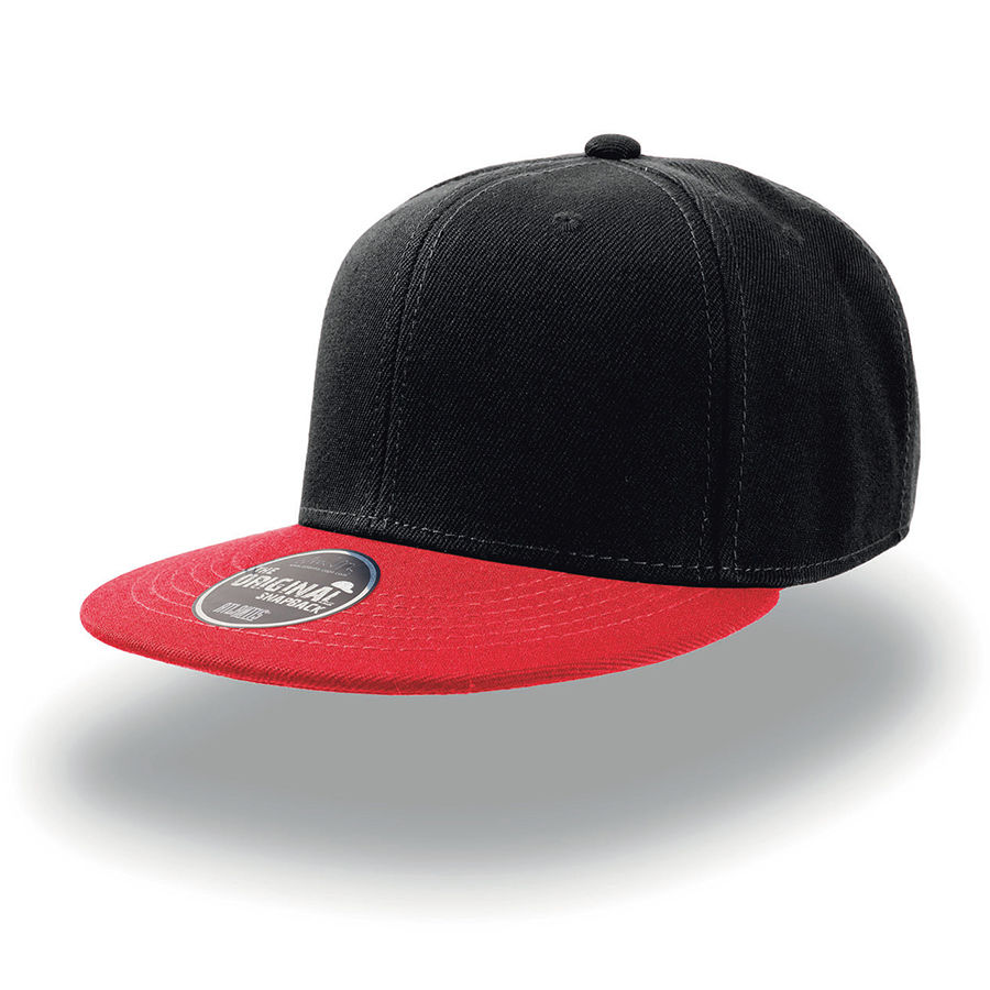Бейсболка "SNAP BACK" 6 клиньев, плоский козырек, пластиковая застежка пвх, черный с красным 100% акрил, 400 г/м2