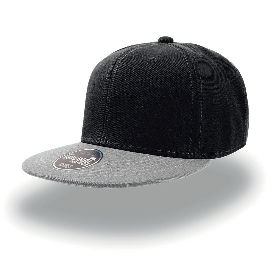 Бейсболка "SNAP BACK" 6 клиньев, плоский козырек, пластиковая застежка пвх, черный с серым, 100% акрил, 400 г/м2